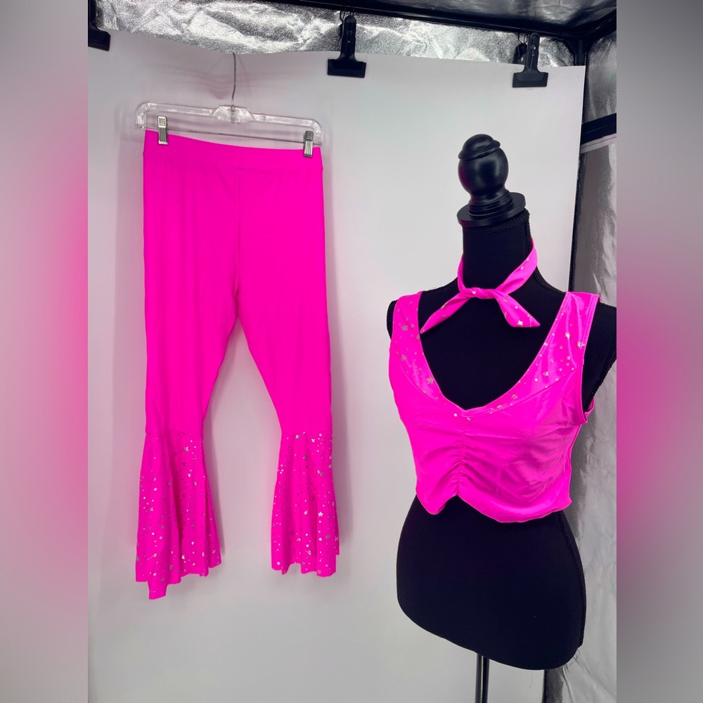 Hot Pink Outfit Set Crop Top Bell‎ Bottoms Star Accents Party Costume